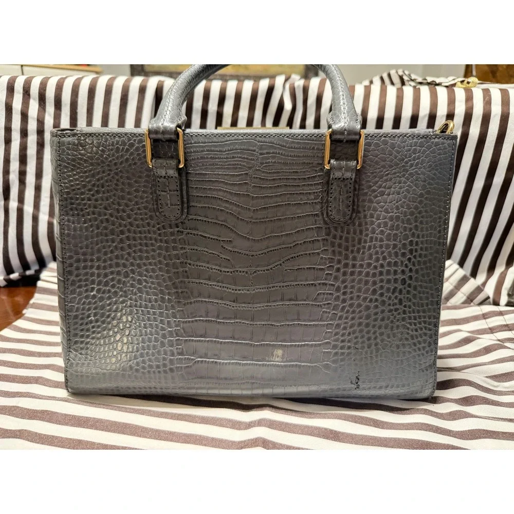 Henri Bendel Grey Crocodile Embossed Leather Satchel Handbag Gold Hardware